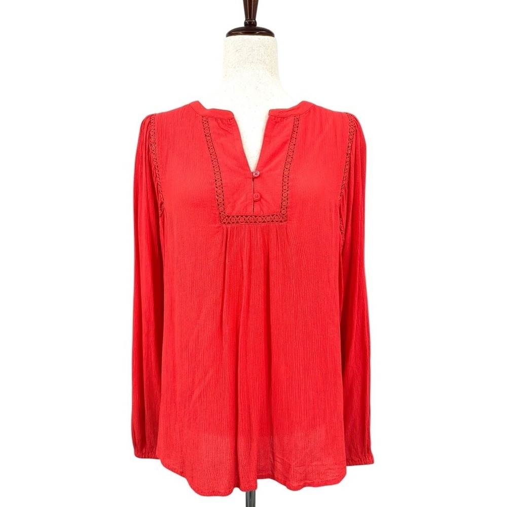 GAP V-Neck Peasant Top Tomato Red Long‎ Sleeve Flowy Cotton Gauze Women's Small